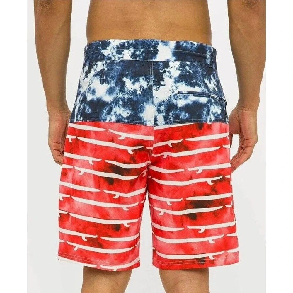 Psycho Tuna Mens Board Shorts Sz 34 Red‎ White Blue USA Surf Board Swim Trunks